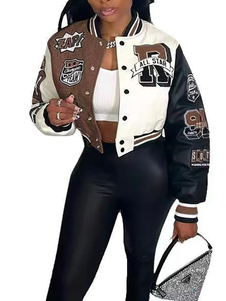 Colorblock Letter Print Baseball Jacket