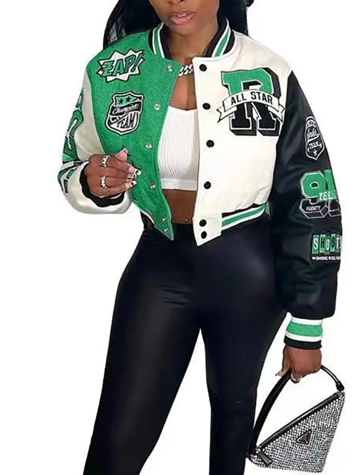 Colorblock Letter Print Baseball Jacket