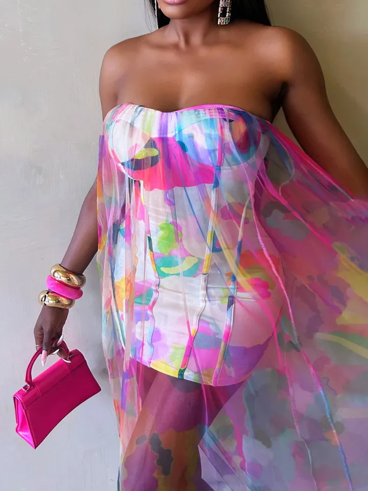 Colorblock Mesh Patchwork Strapless Dress