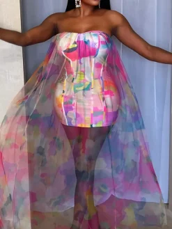 Colorblock Mesh Patchwork Strapless Dress