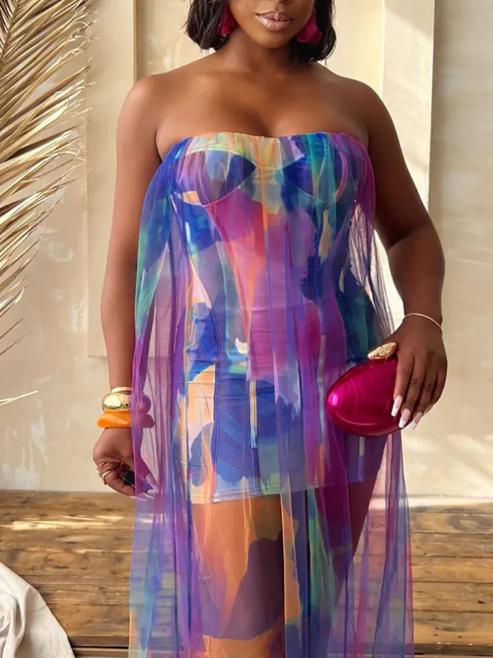Colorblock Mesh Patchwork Strapless Dress