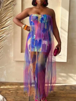 Colorblock Mesh Patchwork Strapless Dress