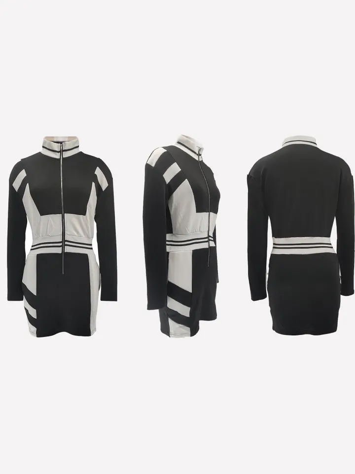 Colorblock Zip Jacket Long Sleeve Dress