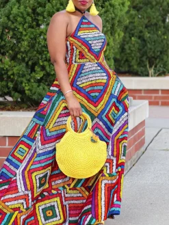 Colorful Print Halter Neck Backless Maxi Dress