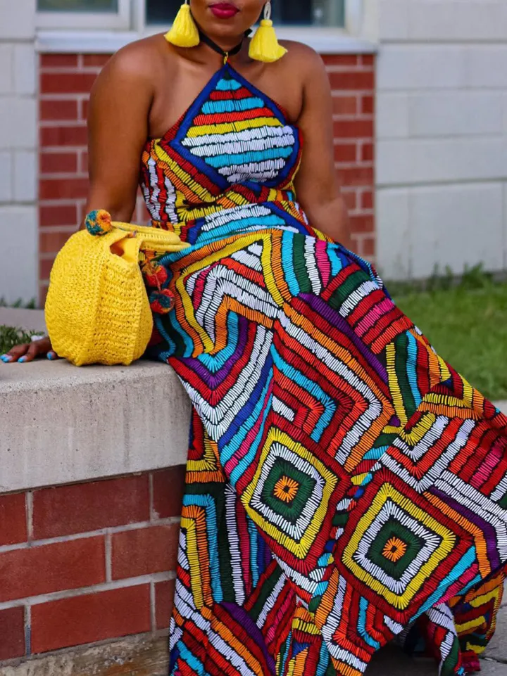 Colorful Print Halter Neck Backless Maxi Dress