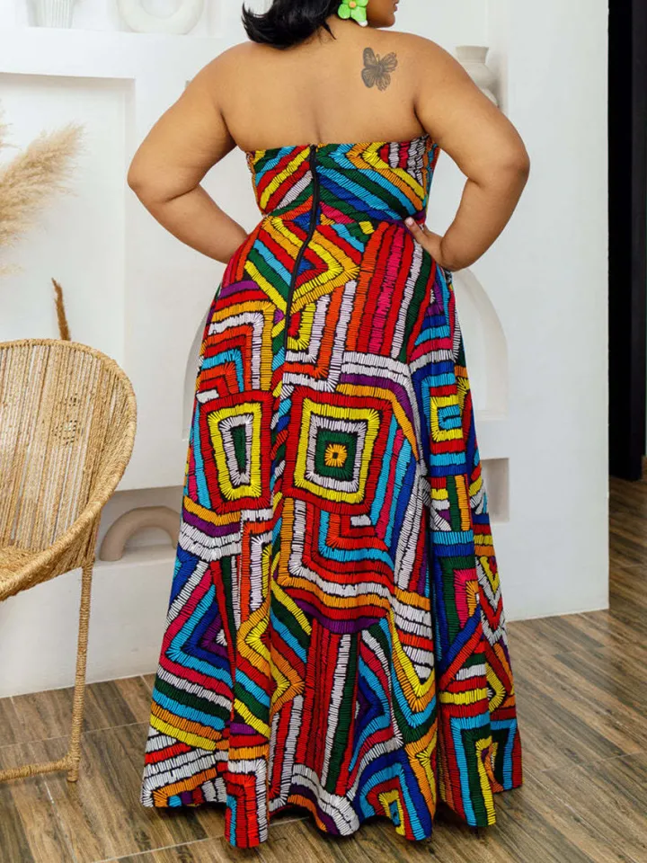 Colorful Print Halter Neck Backless Maxi Dress