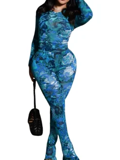 Crew Neck Mesh Tops Pants Sets