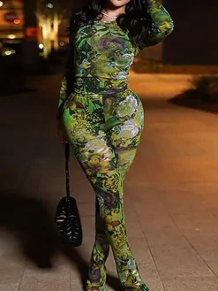 Crew Neck Mesh Tops Pants Sets