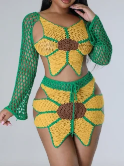Crochet Sunflower Beach Skirt Set