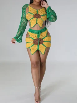 Crochet Sunflower Beach Skirt Set