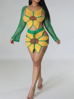 Crochet Sunflower Beach Skirt Set