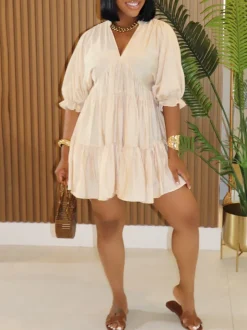 Cropped Sleeves Loose-Fit Pleated Dress