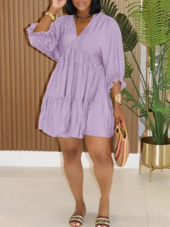 Cropped Sleeves Loose-Fit Pleated Dress