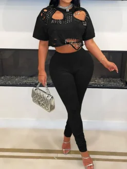 Cut-Out Stud Pin T-Shirt Pant Set