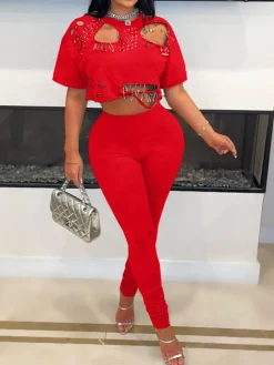 Cut-Out Stud Pin T-Shirt Pant Set