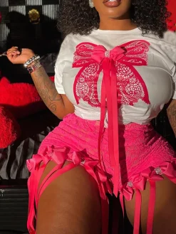 3D Butterfly Print Loose Top u0026 Lace Shorts Set