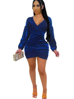 Deep V Neck Bodycon Off Shoulder Ruched Mini Dress