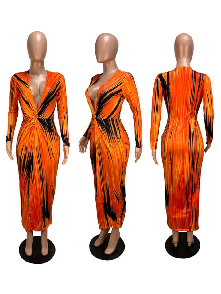 Deep V Neck Gradient Color Maxi Dress