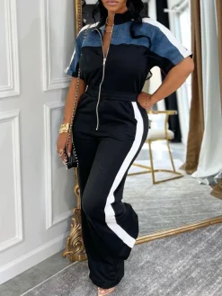 Denim Color Block Zipper Long Jumpsuit