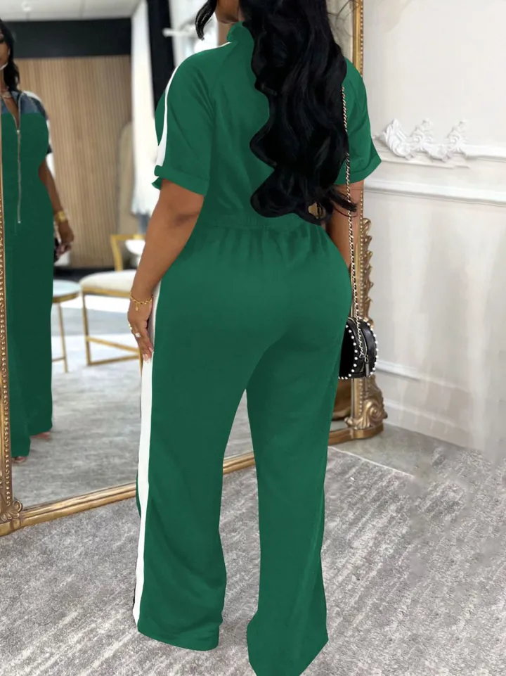 Denim Color Block Zipper Long Jumpsuit