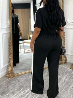 Denim Color Block Zipper Long Jumpsuit