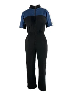 Denim Color Block Zipper Long Jumpsuit