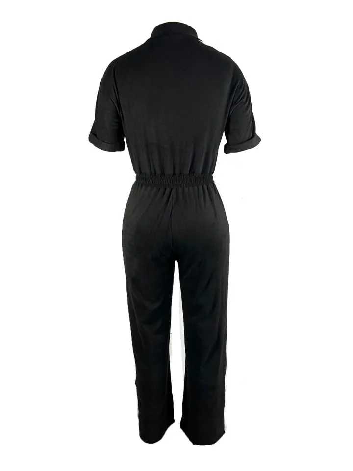 Denim Color Block Zipper Long Jumpsuit