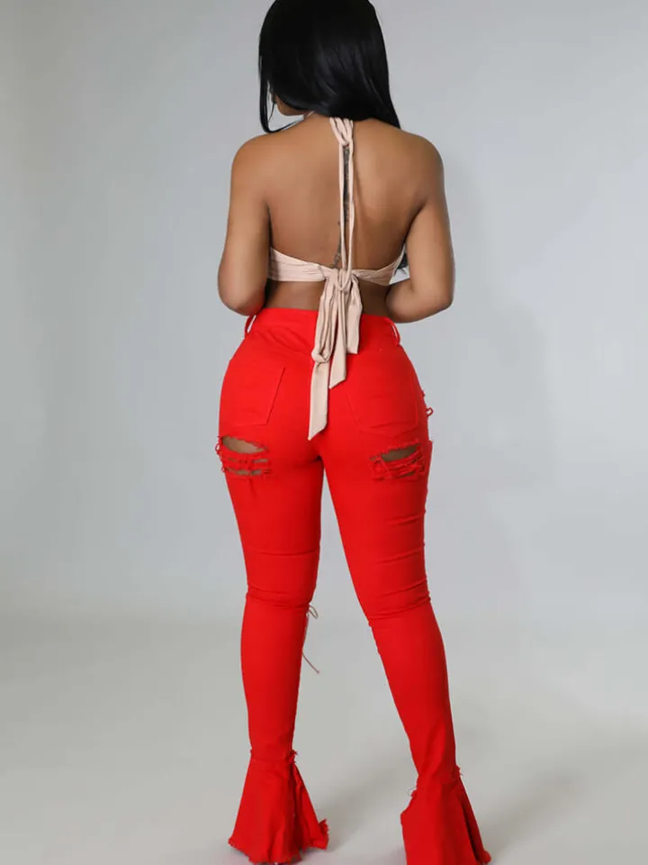 Denim Criss Cross Ripped Bodycon Flare Jeans