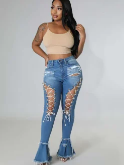 Denim Criss Cross Ripped Bodycon Flare Jeans