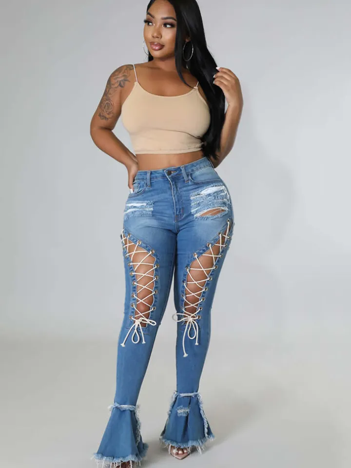 Denim Criss Cross Ripped Bodycon Flare Jeans