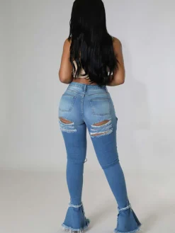 Denim Criss Cross Ripped Bodycon Flare Jeans