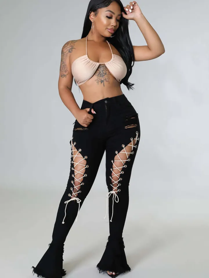 Denim Criss Cross Ripped Bodycon Flare Jeans