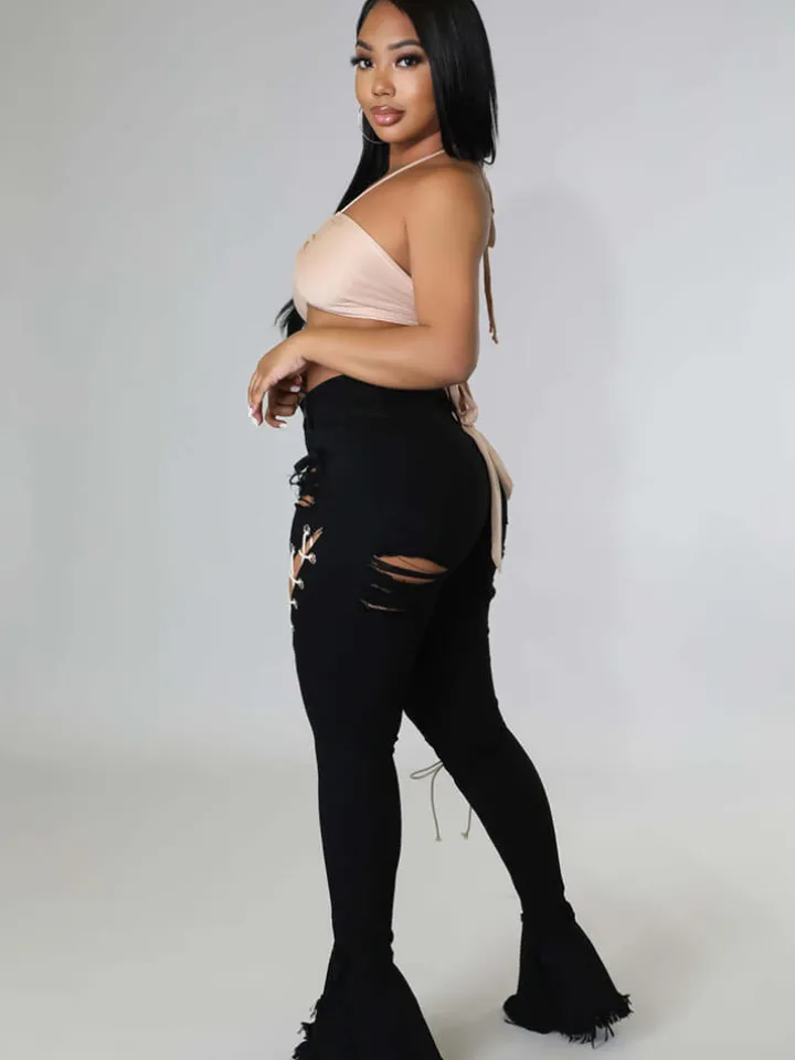 Denim Criss Cross Ripped Bodycon Flare Jeans