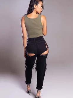 Denim High Waist Cut Out Pants