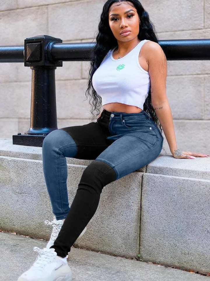 Denim High Wasit Color Block Patchwork Jeans