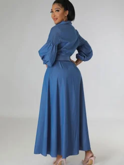 Denim Lantern Sleeve Bodycon Maxi Dress