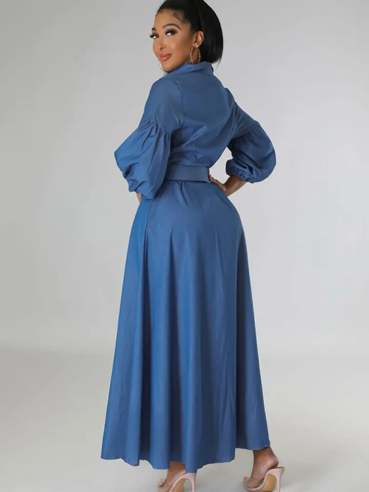 Denim Lantern Sleeve Bodycon Maxi Dress