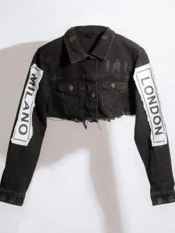 Denim Long Sleeve Letter Print Short Jacket