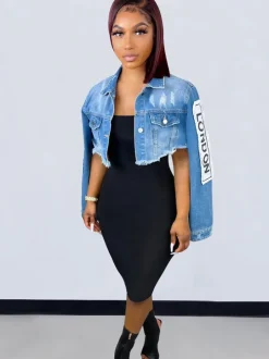 Denim Long Sleeve Letter Print Short Jacket