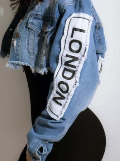 Denim Long Sleeve Letter Print Short Jacket