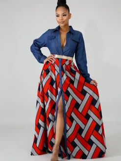 Denim Long Sleeve Plaid Patchwork Maxi Dress
