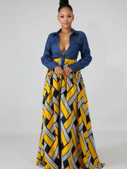 Denim Long Sleeve Plaid Patchwork Maxi Dress