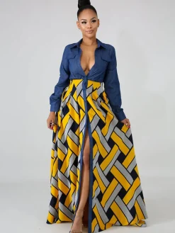 Denim Long Sleeve Plaid Patchwork Maxi Dress