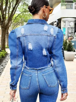 Denim Long Sleeve Ripped Jacket