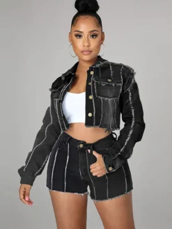 Denim Long Sleeves Button Ripped Jacket