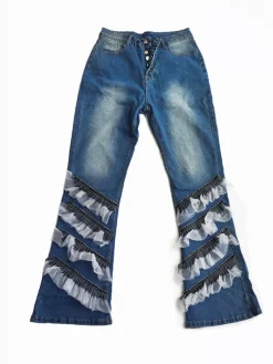 Denim Mesh Patchwork Button Flare Pants