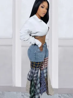 Denim Plaid Print Pacthwork Jeans