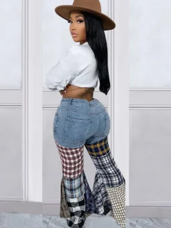 Denim Plaid Print Pacthwork Jeans