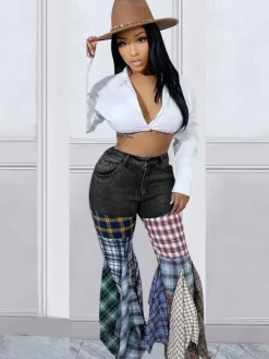 Denim Plaid Print Pacthwork Jeans
