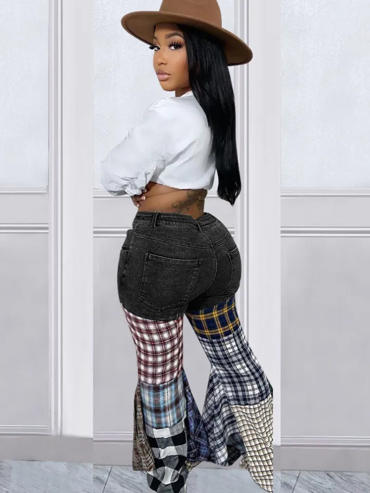 Denim Plaid Print Pacthwork Jeans